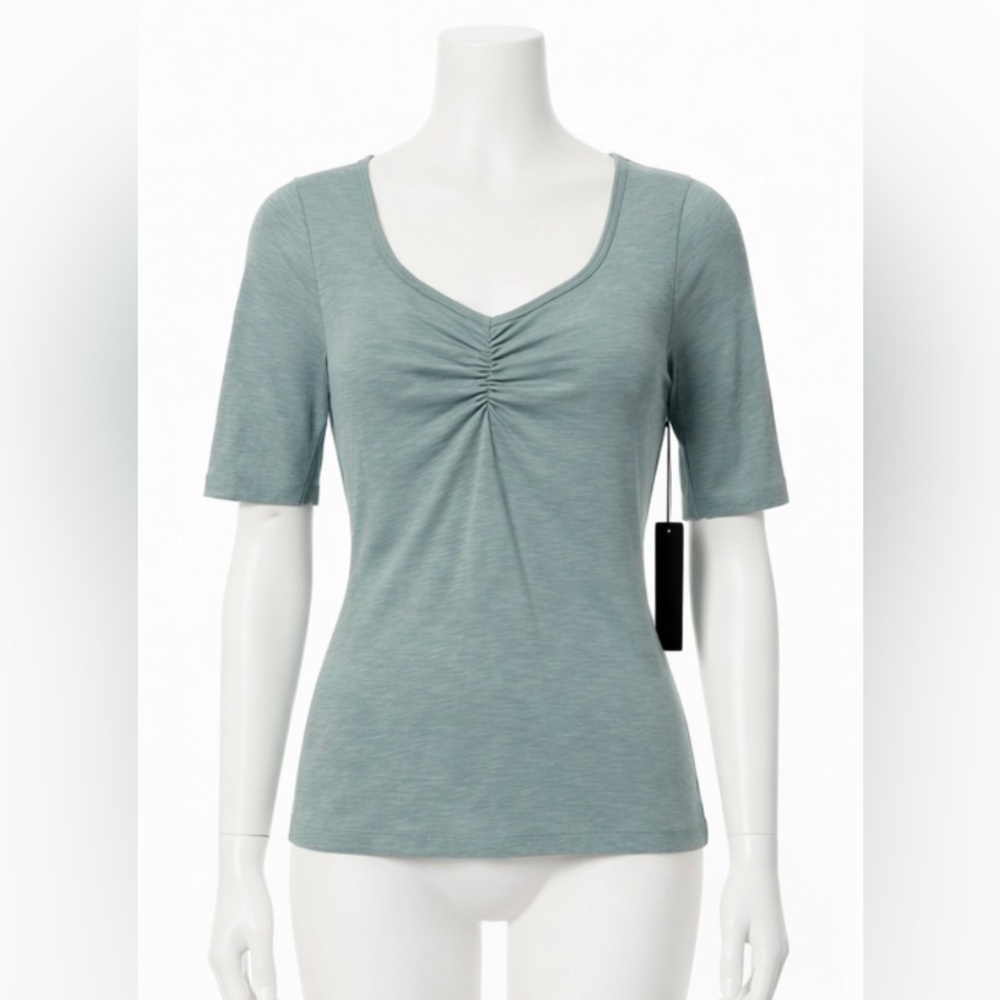 Rachel Roy Teal Green Stretch Blouse XS 3/4 Sleeve Fall Minimalist Top $88 NEW